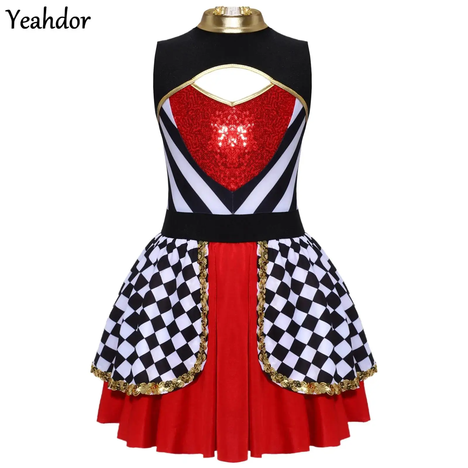 

Girls Wonderland Cosplay Heart Queen Dress Sleeveless Puffy Sequins Leotard Tutu Dress for Halloween Circus Ringmaster Costume