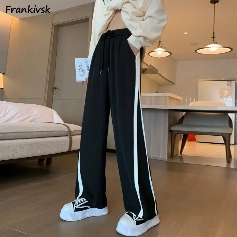 Side Stripe Pants Women Spring Simple Elastic Waist Full Length Loose Leisure Solid All-match Korean Style Streetwear Pleated