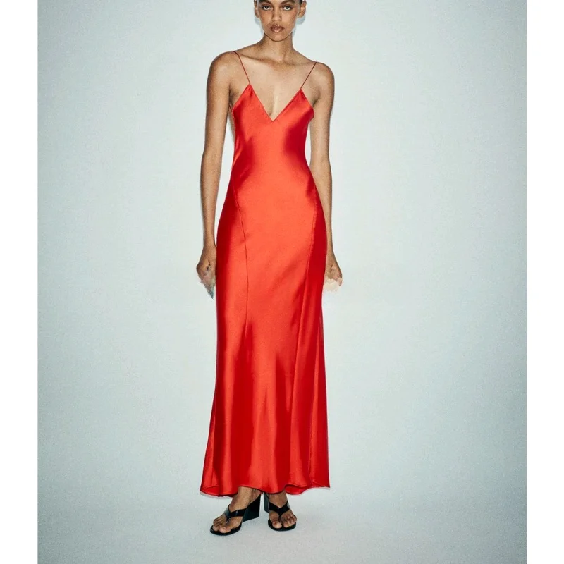 Długa satynowa sukienka z wysokim stanem, idealna na lato, nowa kolekcja damska, amerykański styl, elegancka, z dekoltem w serek, dopasowana, balowa.