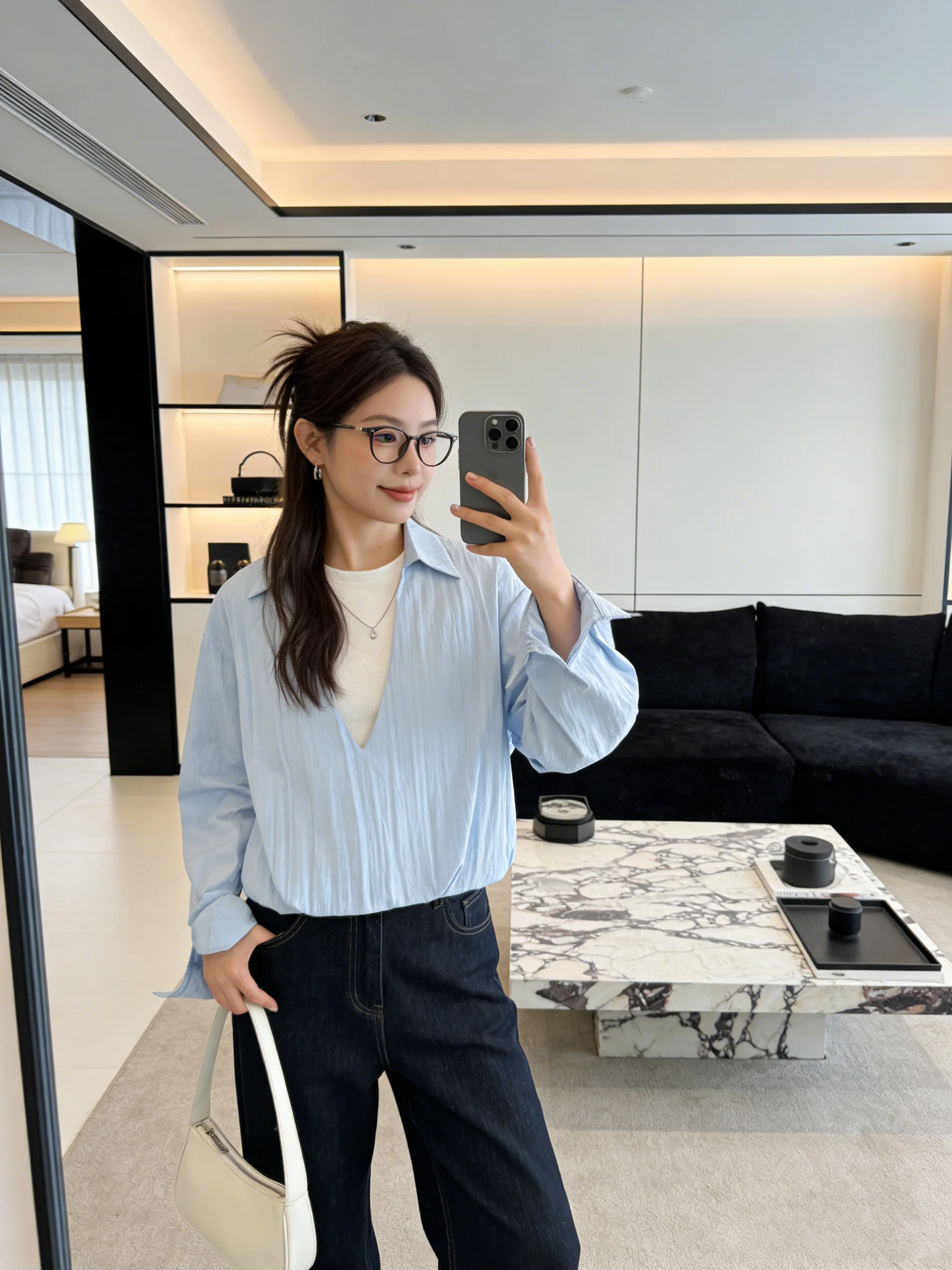 

Рубашка в корейском ретро-стиле с длинным рукавом, имитация двухслойности, элегантная повседневная блузка с V-образным вырезом, модная универсальная женская рубашка