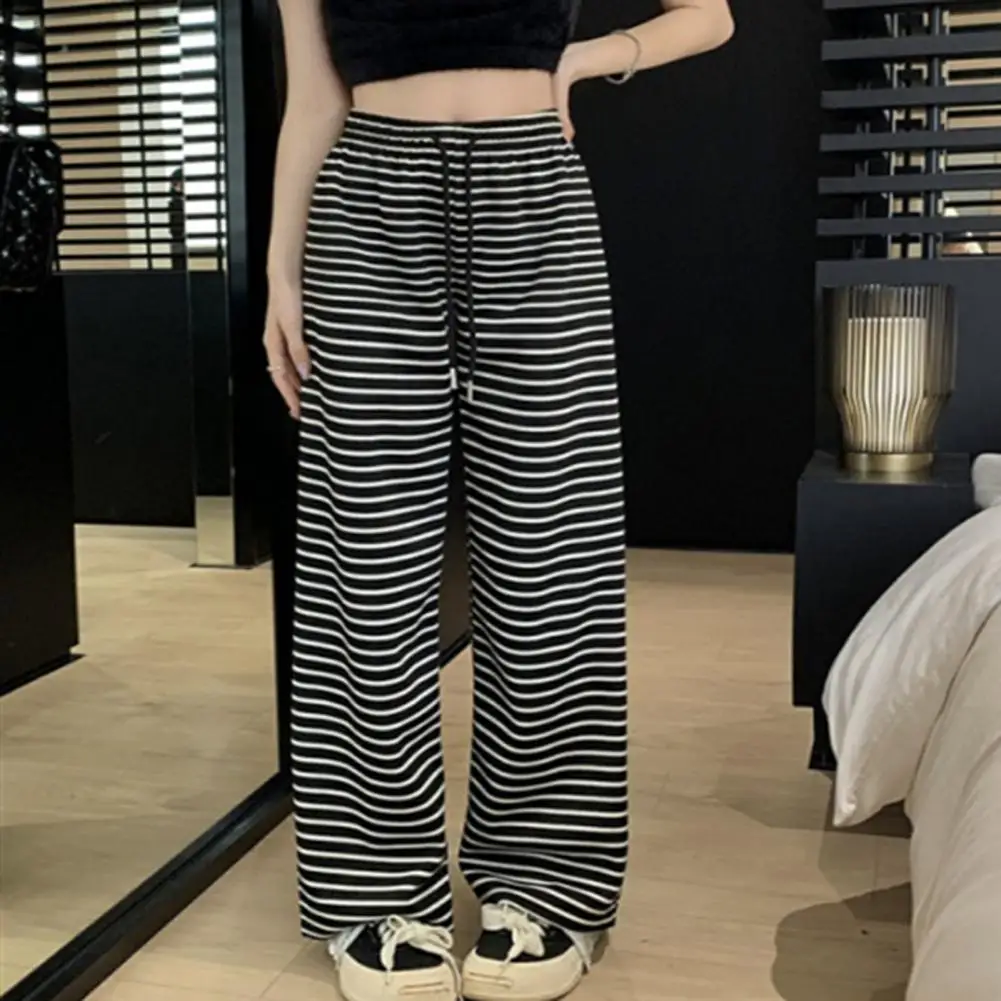 Women Casual Pants Black White Stripes Print Pants Elastic Drawstring Waist Wide Leg Long Trousers