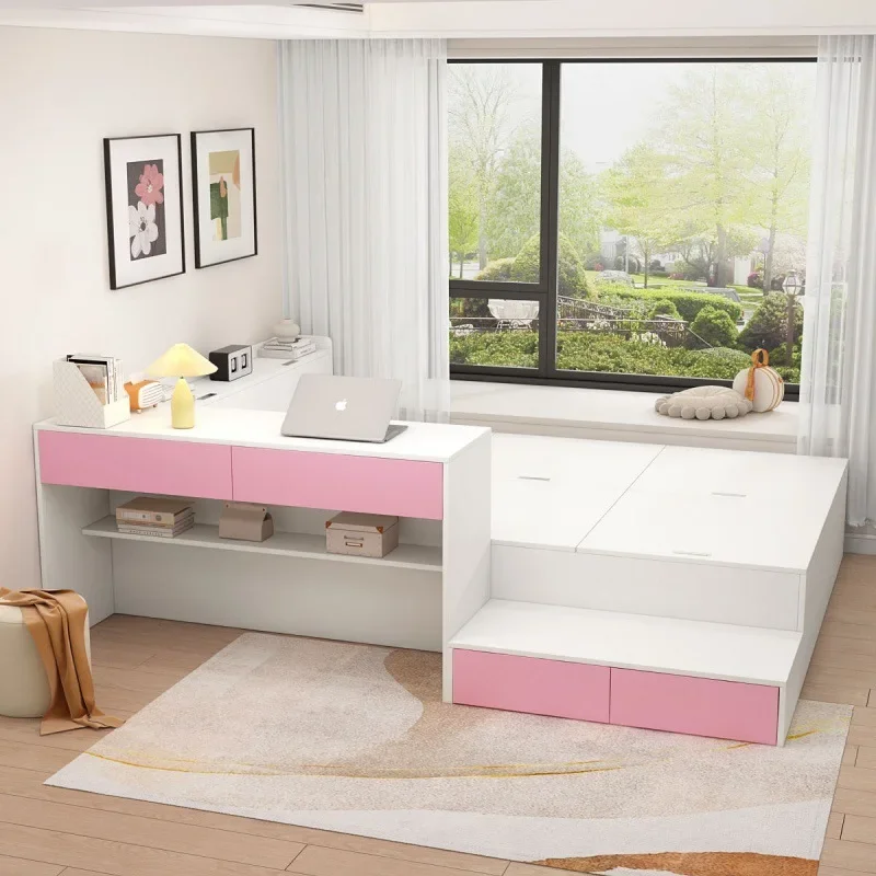 Bedroom: Multi-functional tatami bed and desk integrated simple small apartment high box storage panel children's bed