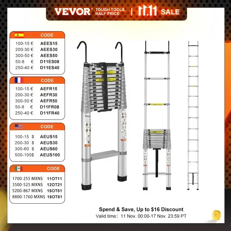 

VEVOR Telescoping Ladder 18.5 FT Aluminum One-button Retraction Collapsible Extension Ladder 400 LBS Capacity with Non-slip Feet