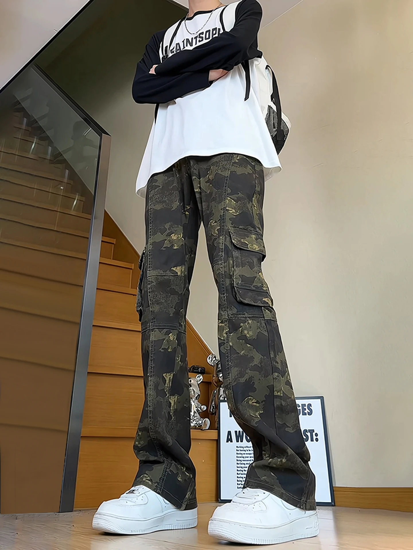 

American Sle Camouflage Work Pants Men's Vintage Logging Straight Leg High Waist Jeans Casual Wear Resistant Autumn Season