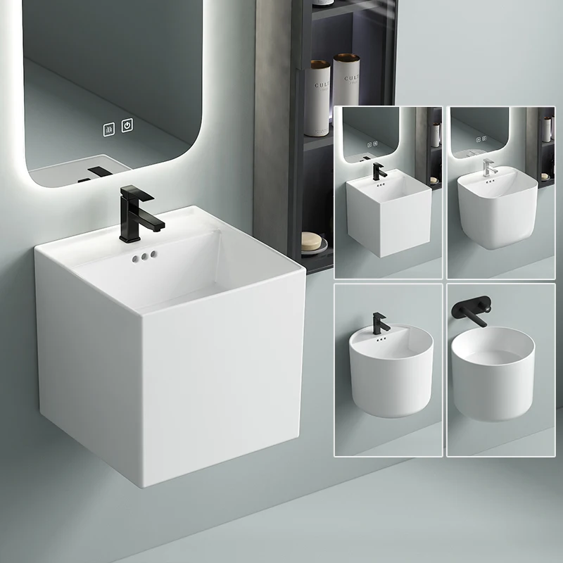 Ceramic wall mounted wash basin with integrated hanging basin, bathroom balcony wash basin