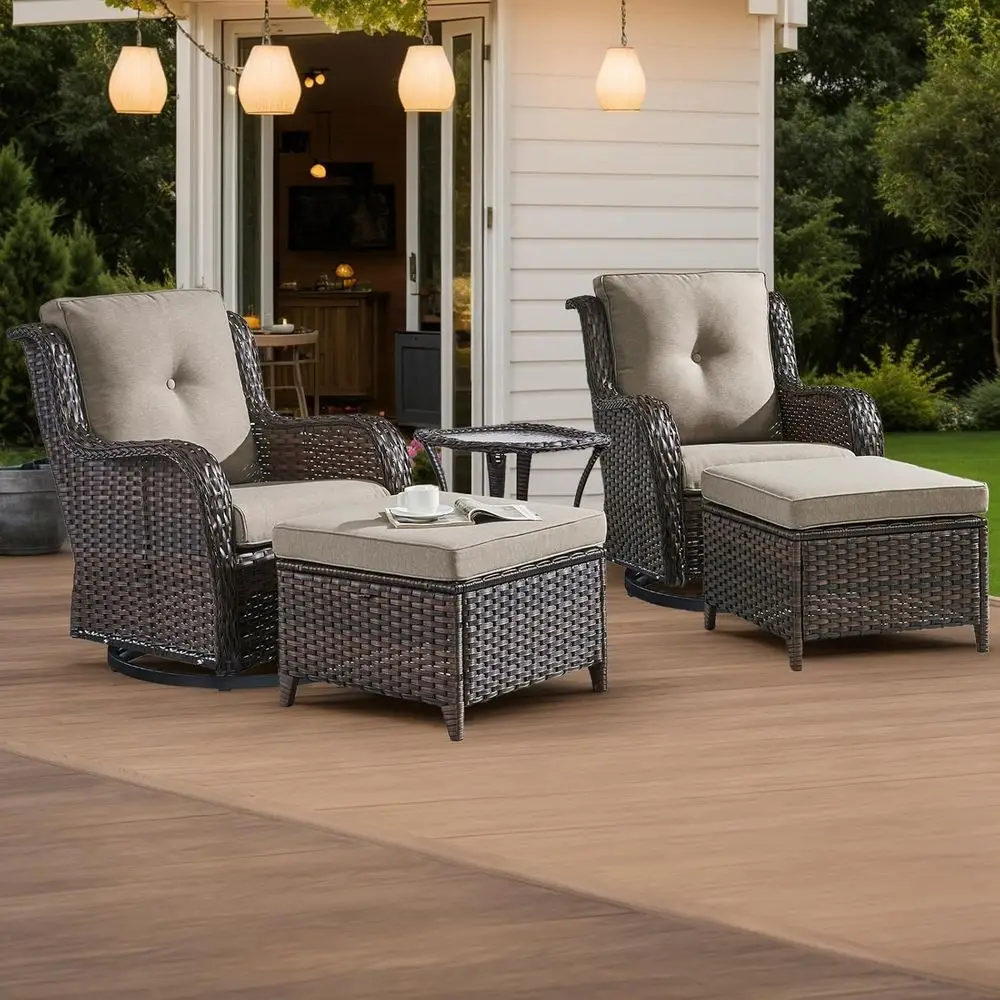 

5-Piece Outdoor Wicker Patio Furniture Set with Swivel Rocking Chairs, Side Table, and Ottomans for Backyard, Porch, or Balcony