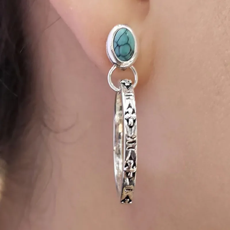 Европейские и американские модные круглые драгоценные камни, богемные ретро серьги из агата и бирюзы