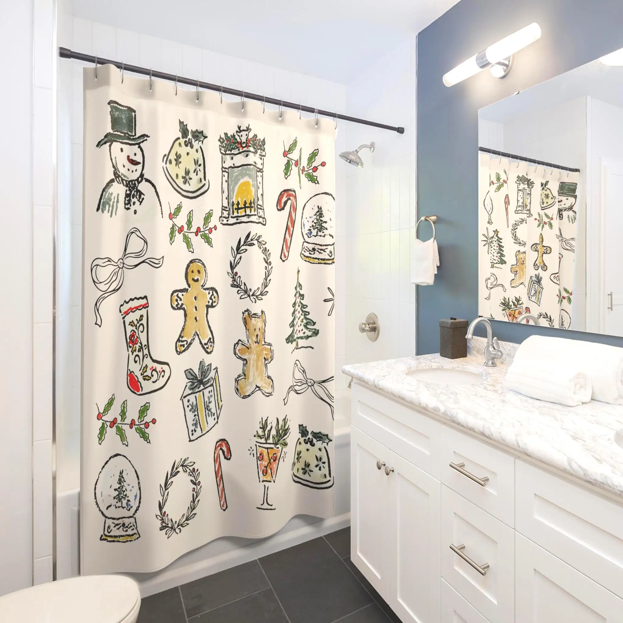 Cute Christmas Shower Curtain Festive Holiday Gingerbread Man Candy Cane Xmas Bathroom Decor Novelty Print