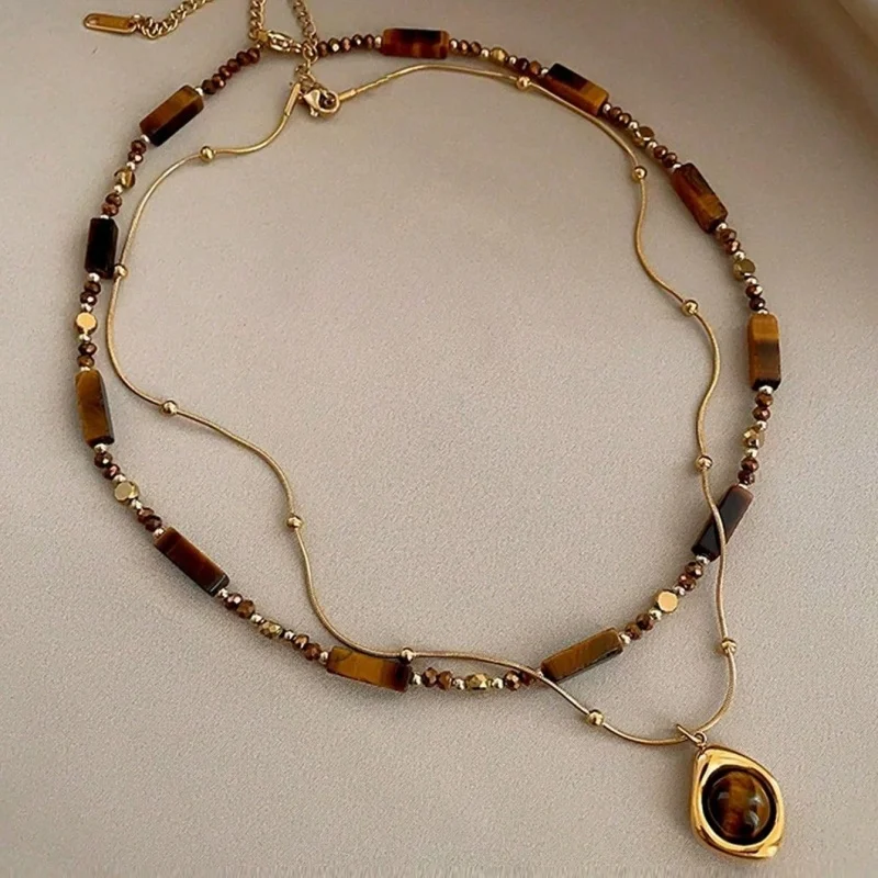 2Pcs Tiger Eye Necklace Set Irregular Strip Tiger Eye Bead Water Drop Tiger Eye Pendant Gold Snake Chain Bohemian Women's Jewelr