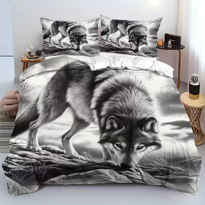 

3pcs Wolf Duvet Cover Set Wild Animal Themed Quilt Cover with Pillowcase Bedding Set for Bedroom Room Home Decor