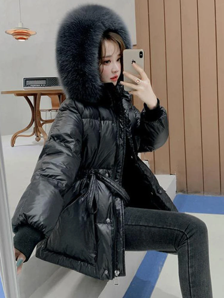 2024 Autumn Winter Hooded Fur Collar Parkas Mujer With a Belt Thick Warm Down Cotton Padded Jacket Women Casual Coat Female