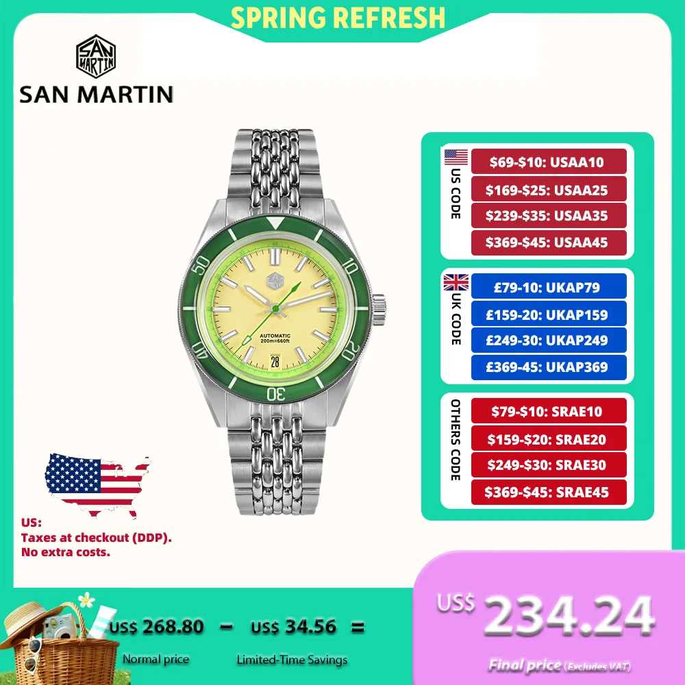

San Martin 39.5mm NH35 Fruit Series Aluminum Bezel Mens Dive Watch Mechanical Wristwatch C3 Luminous 6H Date Sapphire SN0116B