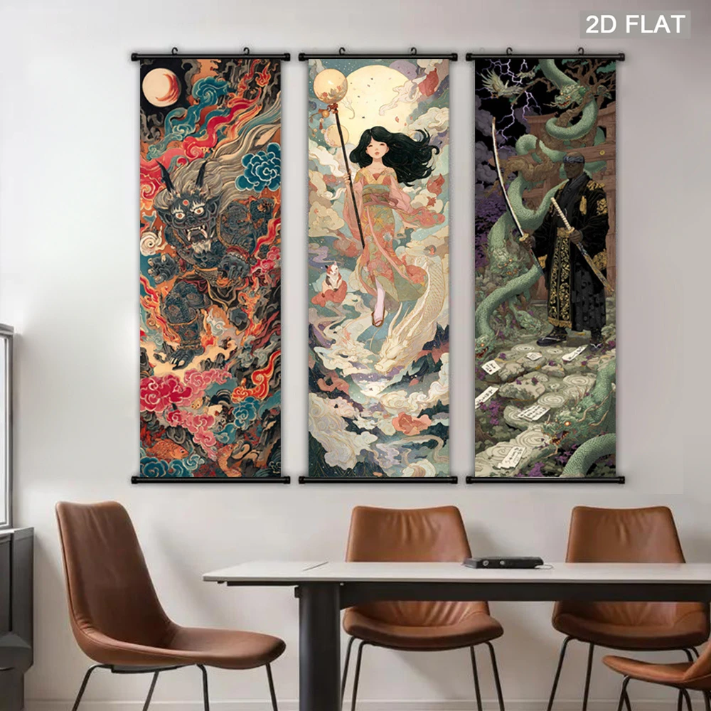 VIKAMA Japanese Ukiyo-e Mythology Scroll Tapestry, Fantasy Full Moon and Auspicious Clouds Vintage Poster Wall Decor, Home Decor