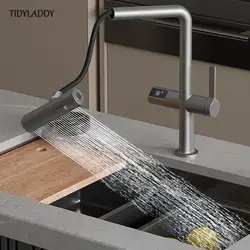 Waterfall Kitchen Sink Multifunctional Digital Display Sensing Rotation Water Tap Kitchen Sink Pull Out Waterfall Faucets