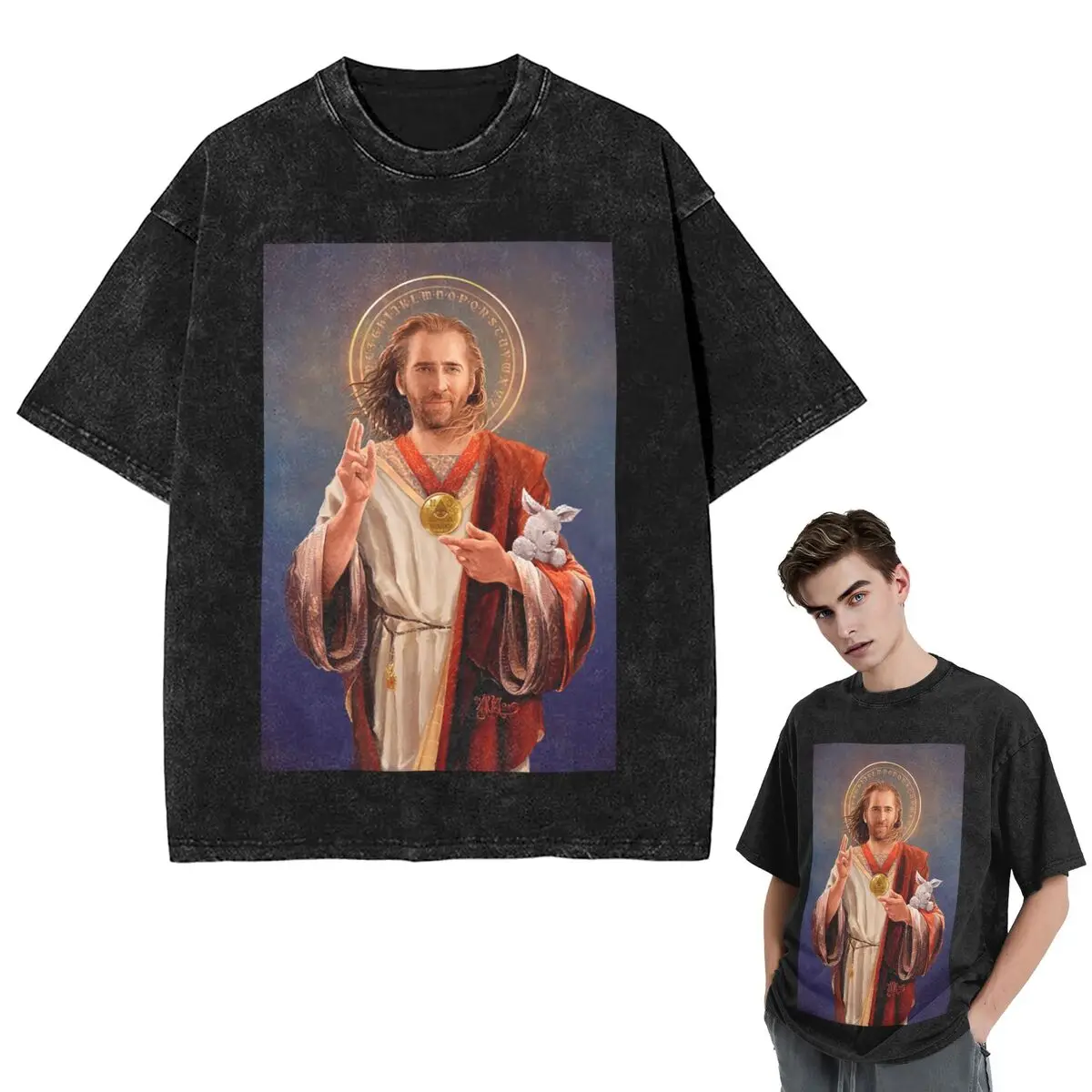 Streetwear T-Shirts Nicolas Cage, Saint Nicolas Of Cage Washed T Shirt Short Sleeve Hip Hop T-Shirt Tops Tees for Men Women