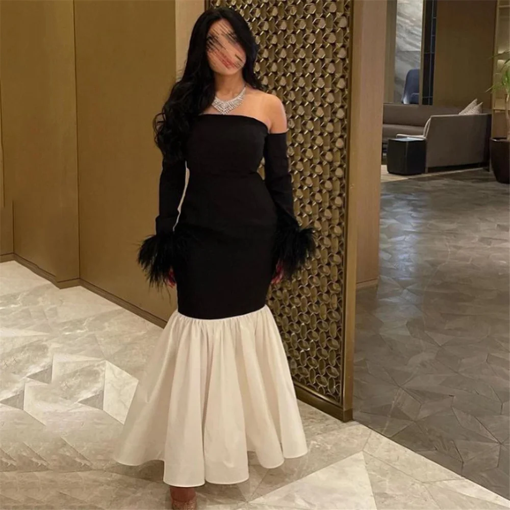 MULOONG Elegant Strapless Feathers Full Sleeve Mermaid Long Evening Dress Floor Length Sweep Train Ruffles Prom Gown New 2023