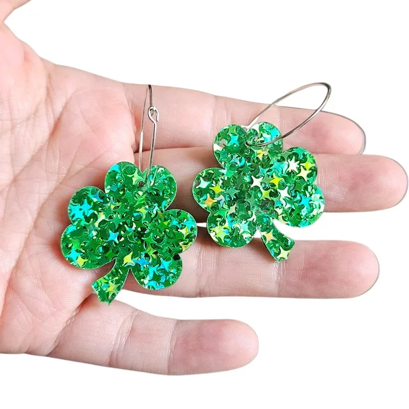 New St. Patrick's Day Acrylic Earrings Irish Green Sequin Leopard Pattern Clover Lucky Grass Leaf Earrings Gift