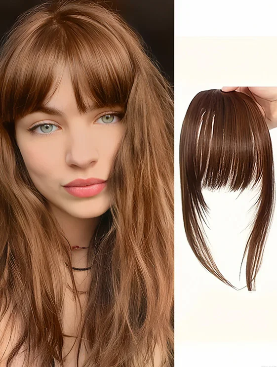 Flequillo sintético con clip, flequillo fino con patillas, marrón oscuro, aspecto natural para mujer, para uso diario y fiestas 8