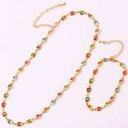 Gold Plated Colorful Zircon Square Stone Chain Choker Neckalce Bracelet for Women Charm Handmade Chain Jewelry Set