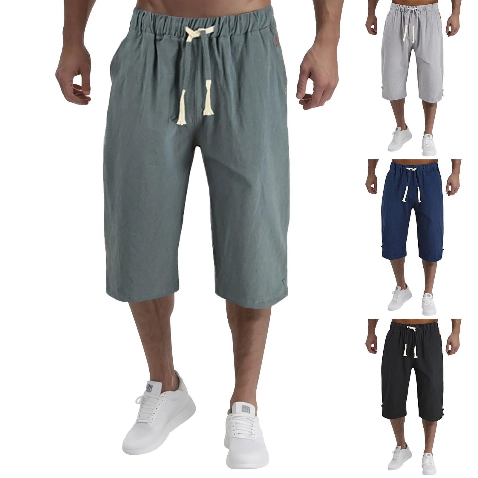 Men'S Cotton Linen Cropped Pants Summer Solid Breathable Linen Trousers Male Casual Capris Elastic Waist Casual Pants