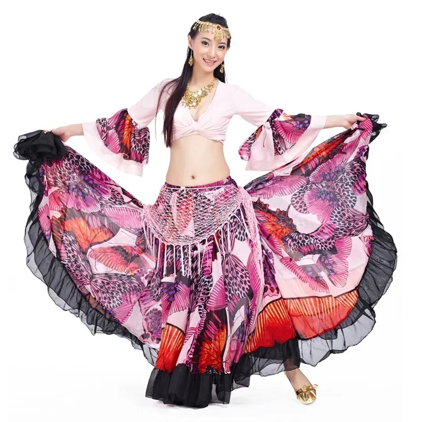 720 องศาชุดเต้นรําหรูหราผีเสื้อพิมพ์ผู้หญิง Belly Dance กระโปรงลูกไม้ Bohemian Gypsy หญิงสเปน Flamenco กระโปรง