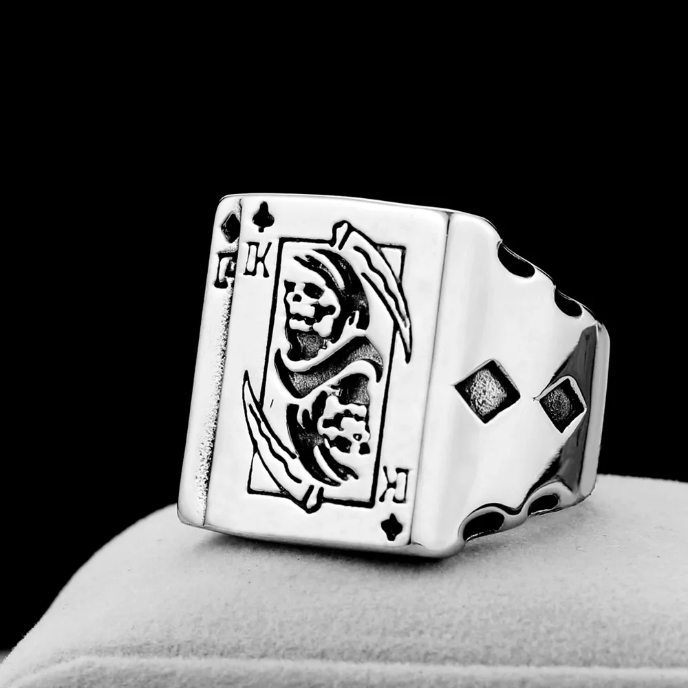 Gothic Skull Poker Card Ring for Men Stainless Steel Grim Reaper Square Signet Ring Biker Punk Statement Jewelry