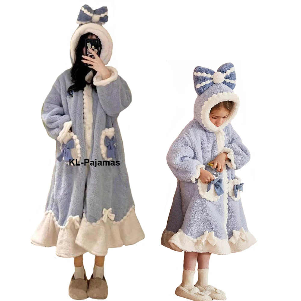 

Winter Pajamas For Women And Girls Cartoon Hooded Long Robes Home Wear Sleepwear Kawaii Flannel Warm Comfy Nightgowns Bathrobe