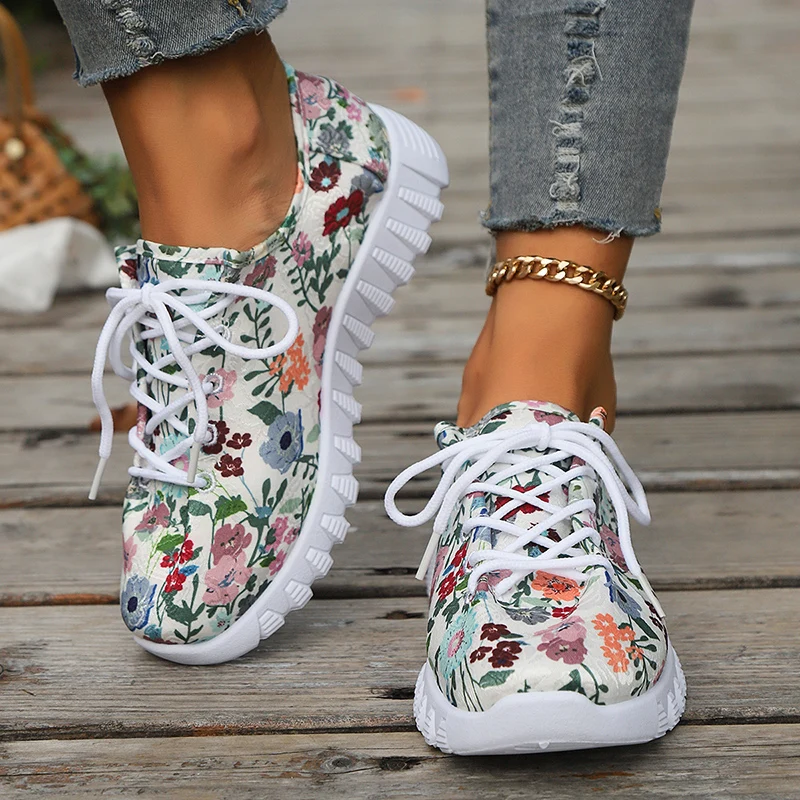 Trend Multi-color Floral Print Women Sneakers Outdoor Lace Up Shallow Woman Shoes Leisure Comfort Thick Bottom Single Shoes