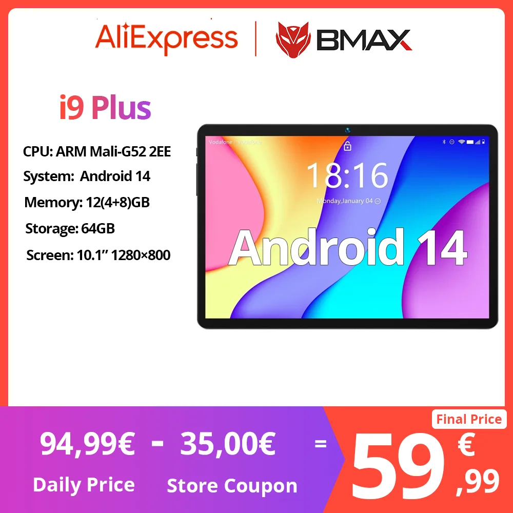 BMAX MaxPad I9 Plus Android 14 GPU G522EE 12(4+8)GB RAM 64GB ROM 10.1 Inch Rockchip RK3562 Quad Core Type-c Port Tablets PC