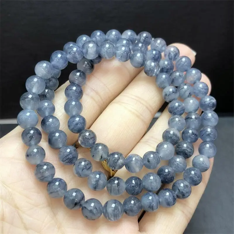 6MM Natural Blue Rabbit Hair Quartz Triple Circle Bracelet Women Fashion Elegant Healing Fengshui Strand Wristband Gift 1PCS