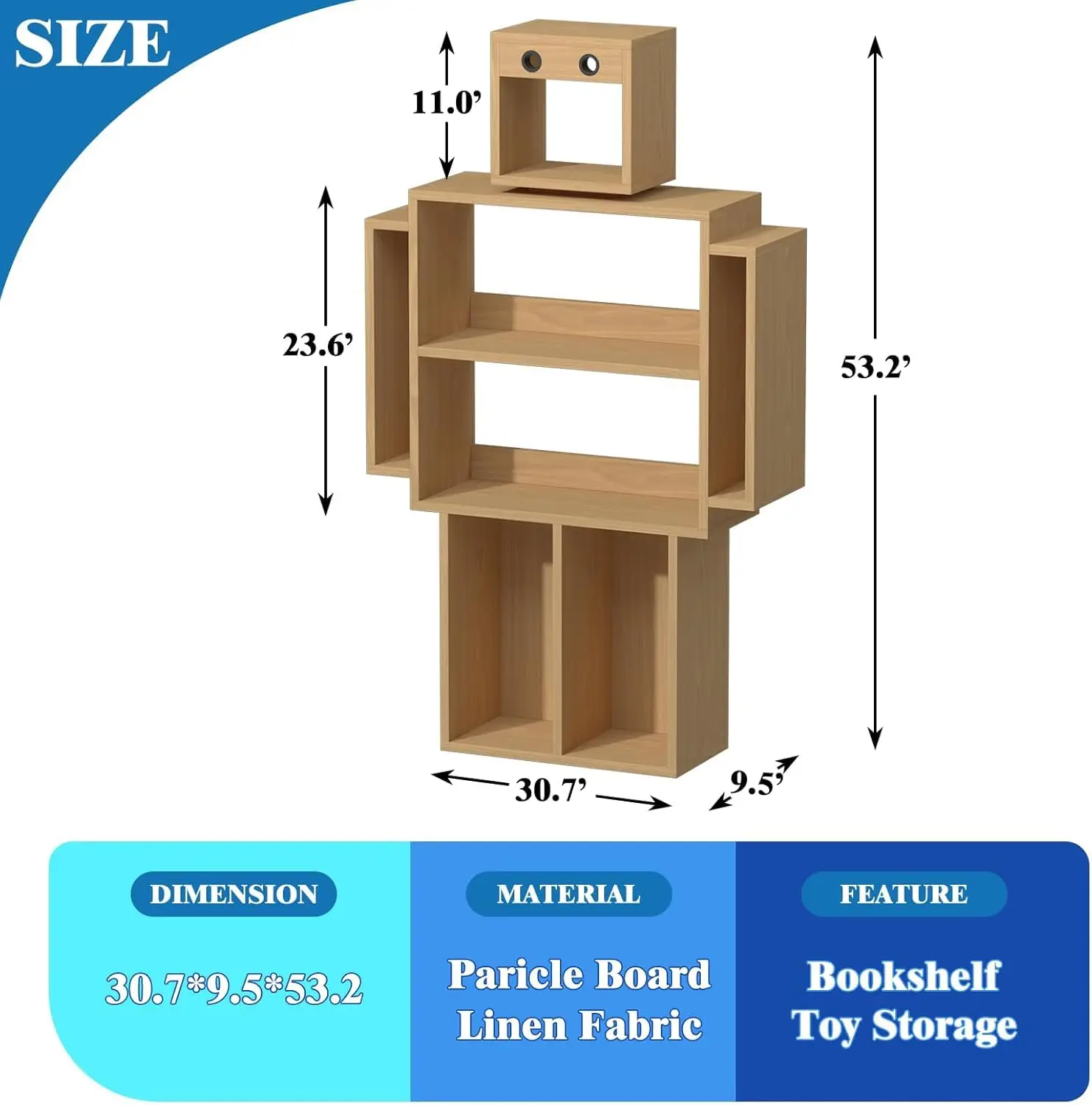 Kids Bookshelf, 7 Cubicles Bookshelf for Kids, Robot Toddler Bookshelf, Wooden Book Shelf for Kids Rooms