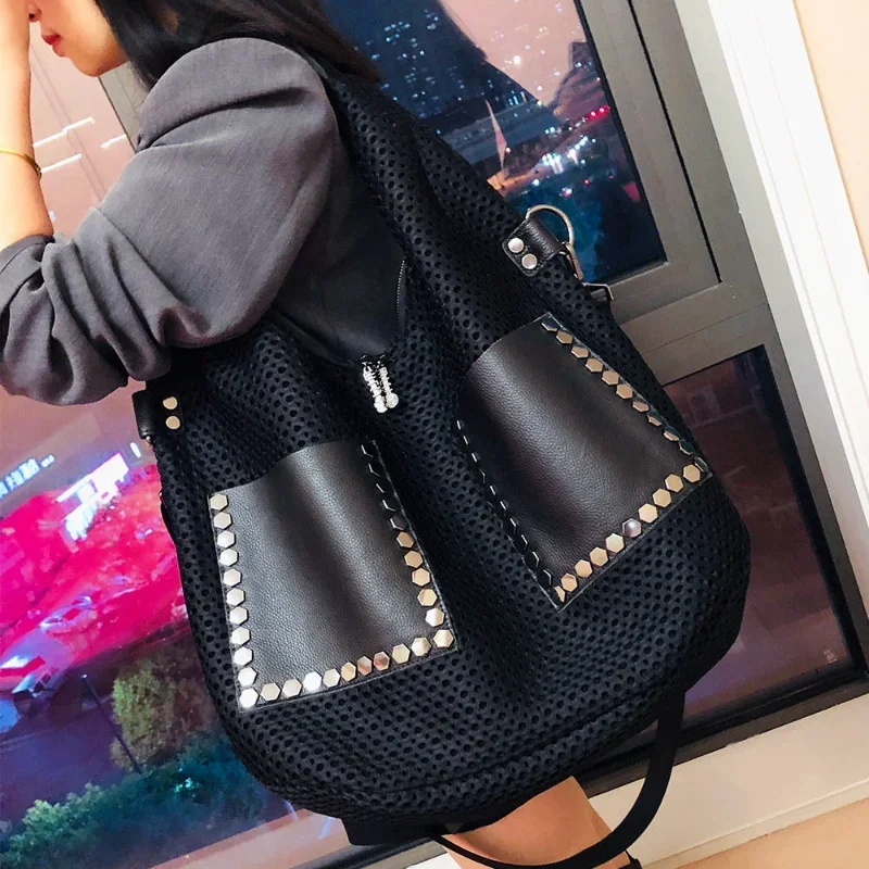 

Fashion Promotion crossbody Women Bag Personality Mesh Large Capacity Rivet Top-handle Tote Cowhide Travel Designr Shoulder Bag