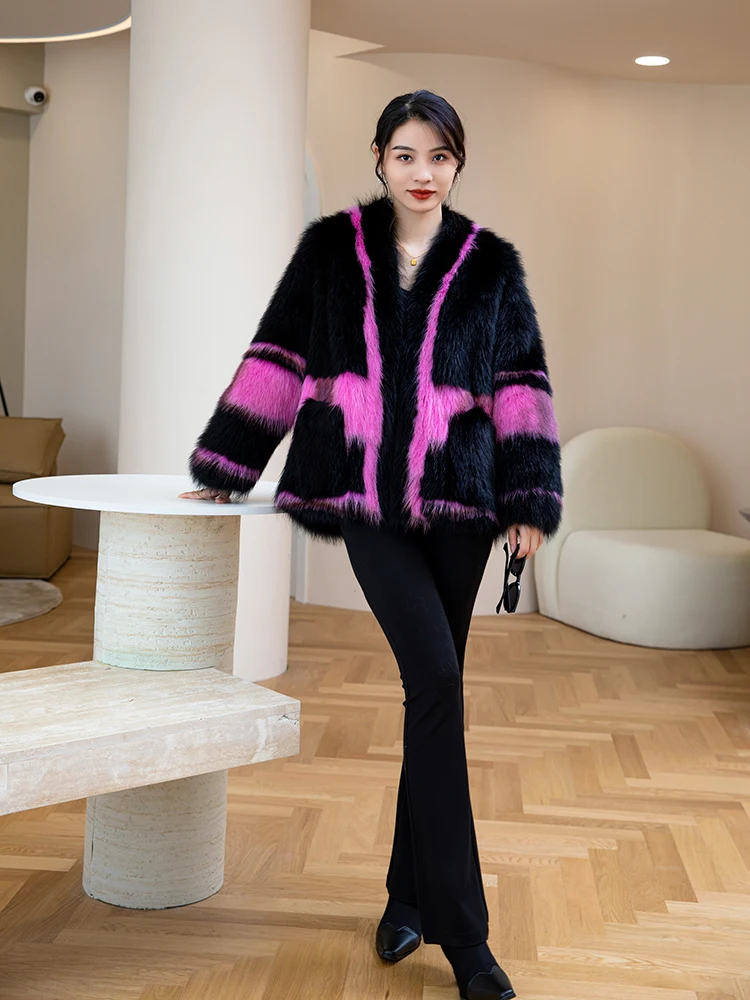 2024 New Real fur,High fashion Vintage Women real leather real fur patchwork coats outerwear