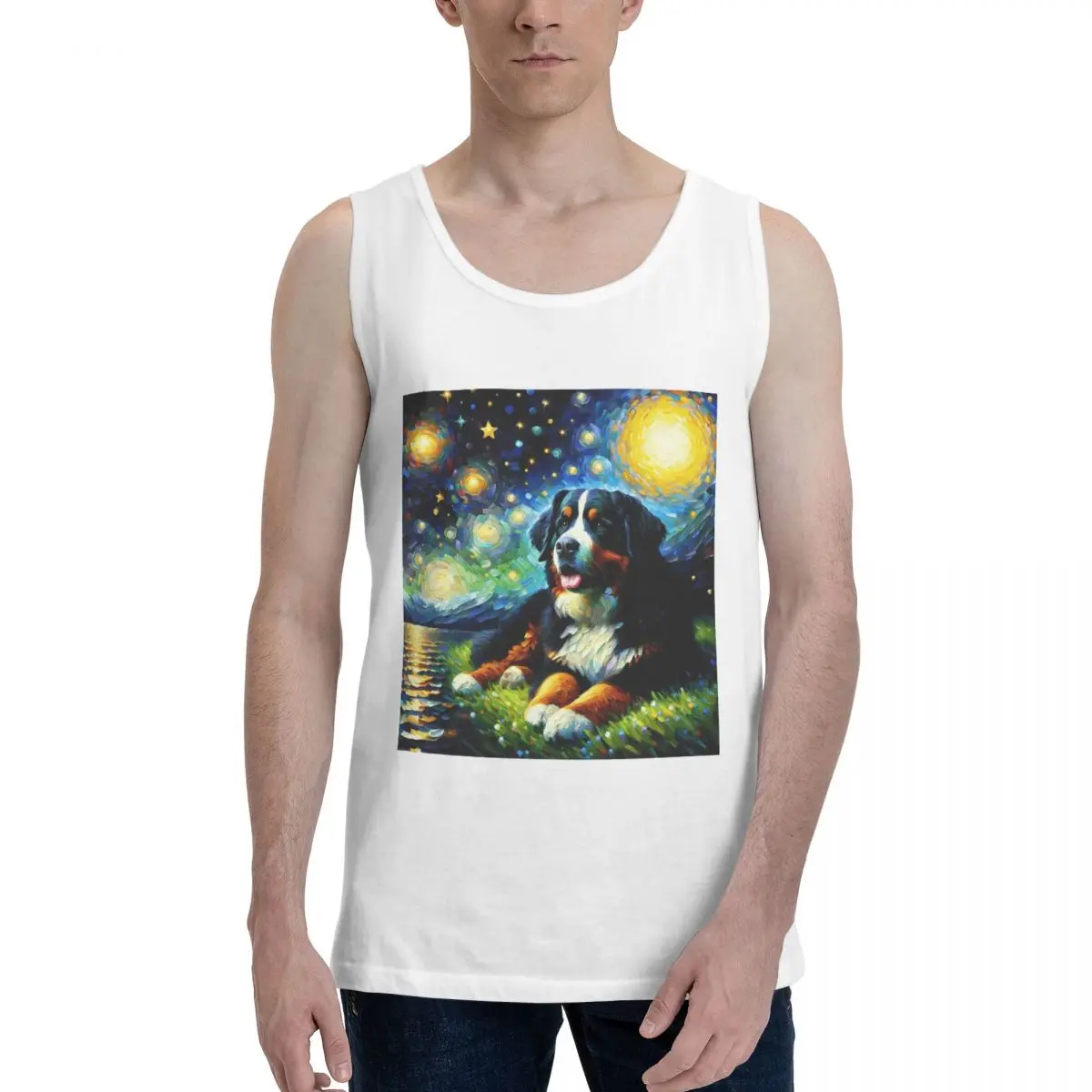 Starry Night Bernese Mountain Dog Van Gogh Lover 100% Cotton Men's Sweatshirt Vest Sleeveless Tees Men Tank Tops T-shirt
