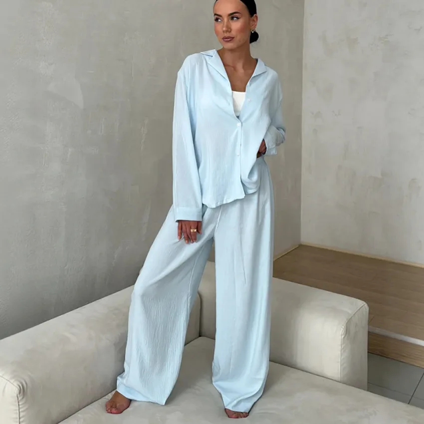 

Women Pajama Set Long Sleeves Front Button Top Pants Spring Autumn Solid Color Female Sleepwear Gray 2 Piece Nightwear Suit