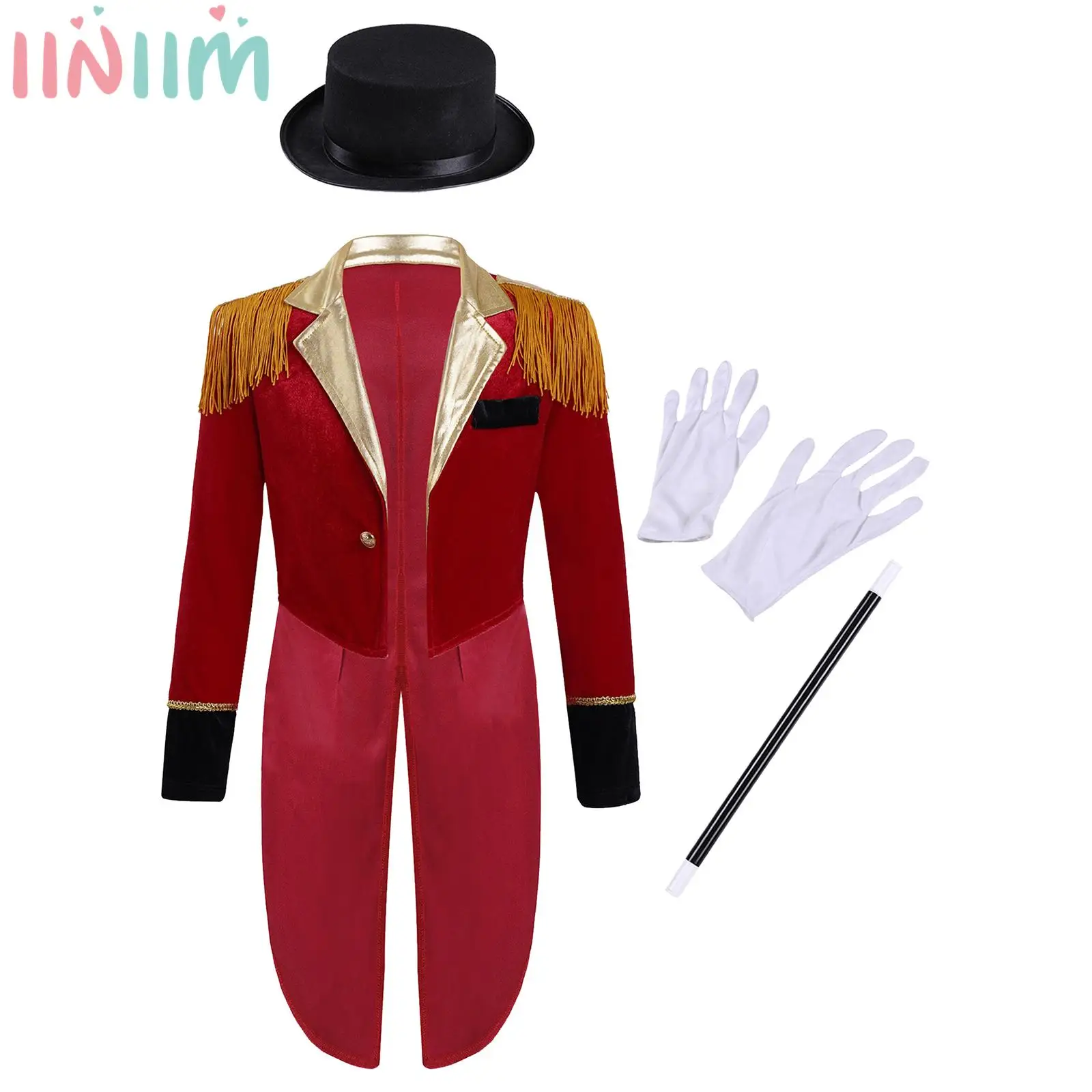 

Boys Circus Ringmaster Costume Long Sleeve Tassels Tailcoat Jacket with Magic Wand Gloves Hat Halloween Cosplay Dress Ups Outfit