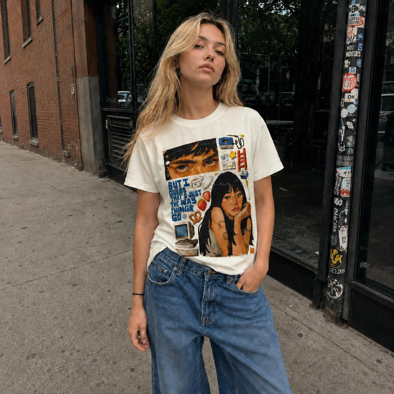White Printed Short Sleeved T-shirt with Retro American Street Style, Full of Artistic Sense