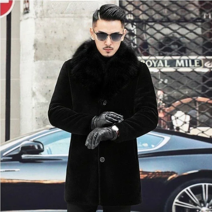 Male Black Faux Fur Collar Coat Button Up Long Sleeve Outerwear Winter Oversize Warm Long Overcoat Men Fake Fur Windbreaker Xxxl