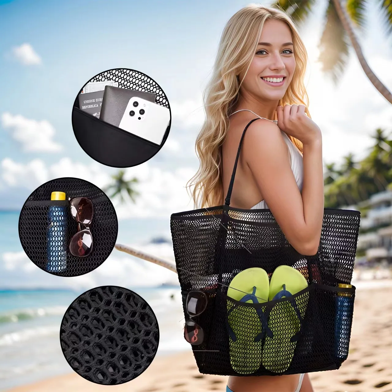 Women Hollow Mesh Beach Bag Double Layer Breathable Shoulder Tote Multi Pockets Quick Dry Swimming Toiletries Storage Bag