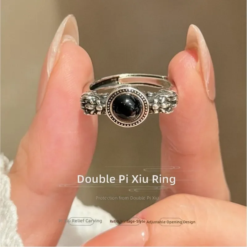 Original Double Pixiu Ring Personality Creativity Imitation Black Agate Index Finger Ring Fashion Advanced Texture Open Ring