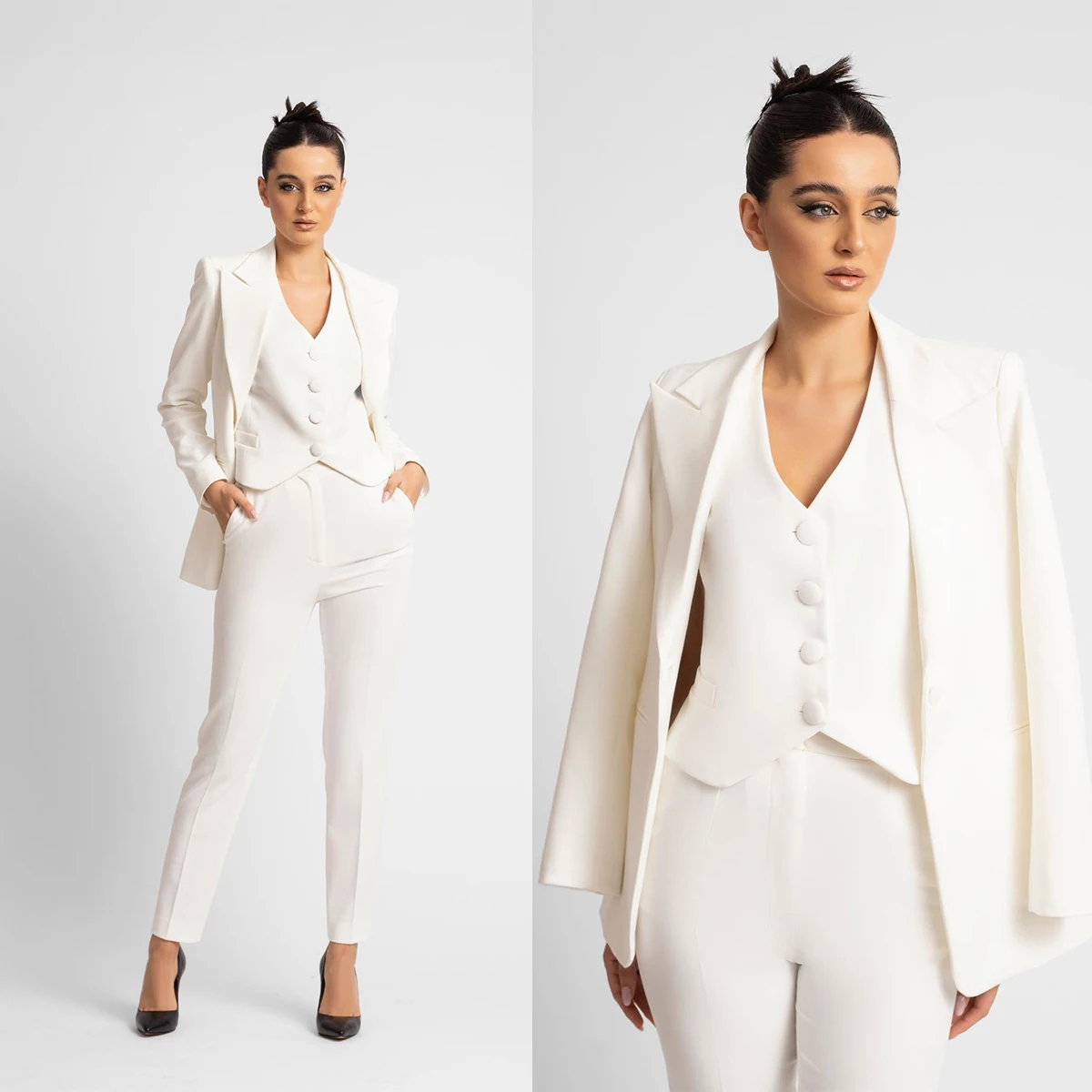 

Solid White Women Pants Suits 3 Pieces Slim Fit Office Lady Blazer Jacket Customized Formal Wedding Guest Outfit