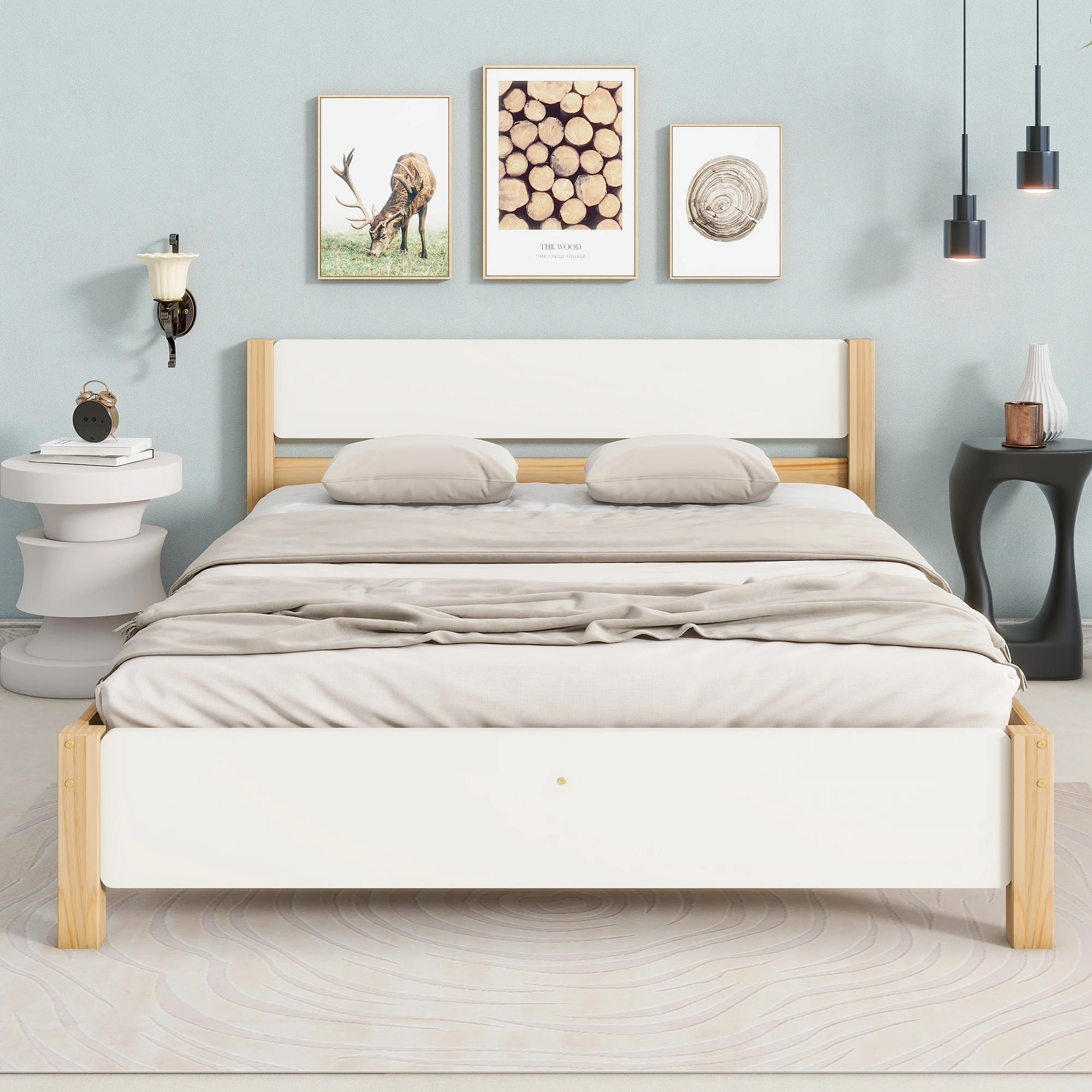 Cama individual, Cama doble, Cama alta, Estructura con patas centrales, 140 × 200 cm, sin colchón, Madera blanca y natural