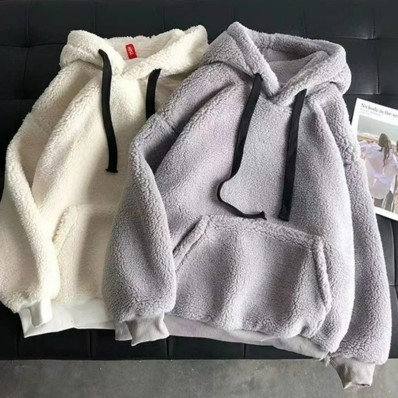 Nueva Sudadera con capucha de piel de cordero de imitación a la moda para mujer, ropa sencilla coreana para parejas, Top holgado con capucha gruesa Unisex 2026