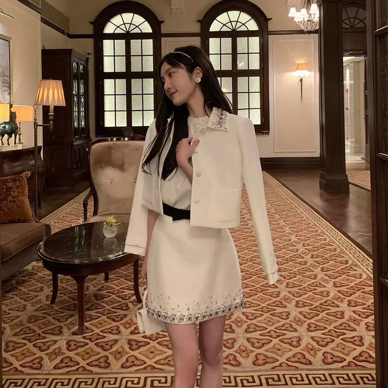 Elegant Commuter White Skirt Suits Sets Handmade Beaded Diamond Blazer Top High Waist A-line Short Skirt Two-piece Set Women