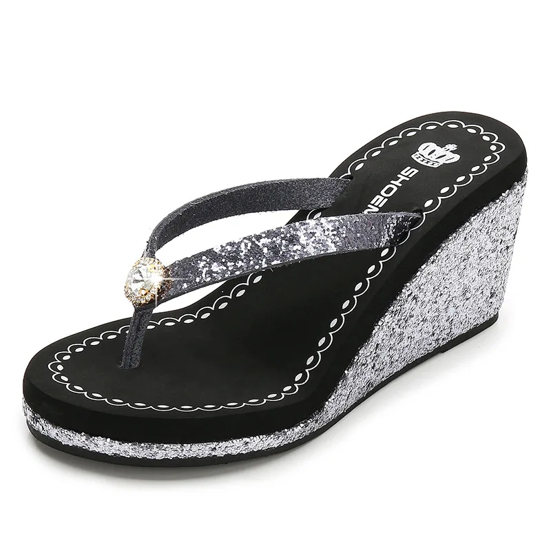 Beach Shoes Ladies\' Slippers Slipers Women Heeled Mules Glitter Slides Rubber Flip Flops On A Wedge Platform Sabot 2024 High Sum