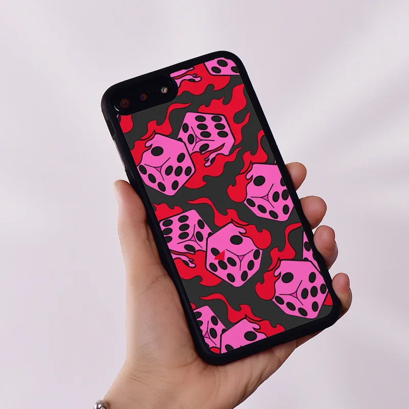 Wildflower Silicone Rubber Phone Case Cover for iPhone 6 6S 7 8 Plus X XS XR 11 12 13 14 15 Mini Pro Max Flaming Dice Pink