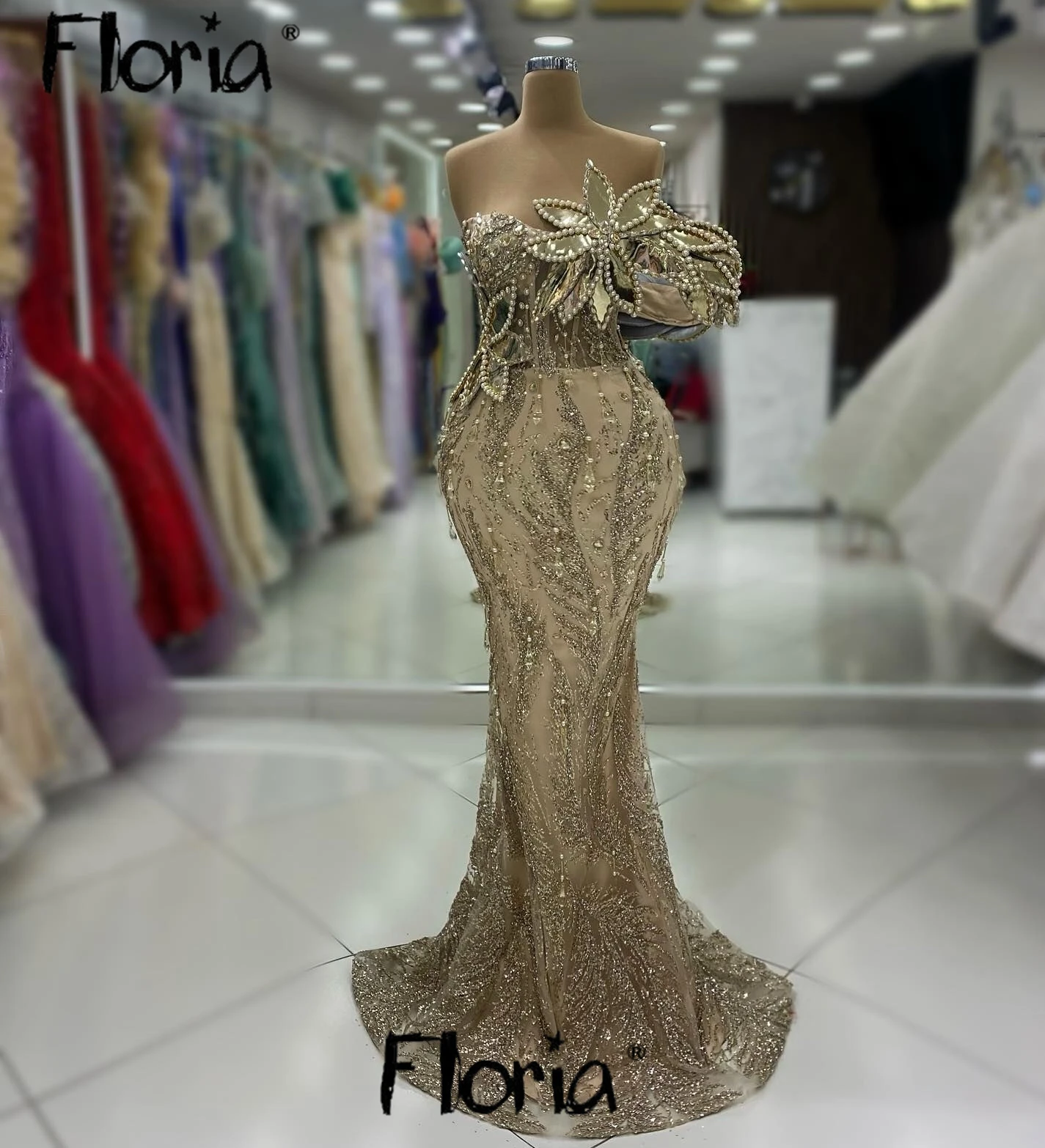 Floria Gold Off Shoulder Party Dresses Arabic Long Mermaid Wedding Guest Dinner Gown Bespoke Occasion Dresses Abiti Da Cerimonia