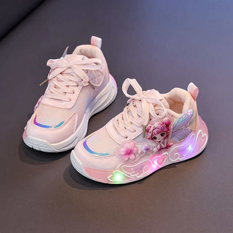 Kids'Casual Shoes Led Light Cartoon PU Leather Autumn Shoes For Children Anti-slip Designer Breathable Pink Purple Size 23-33