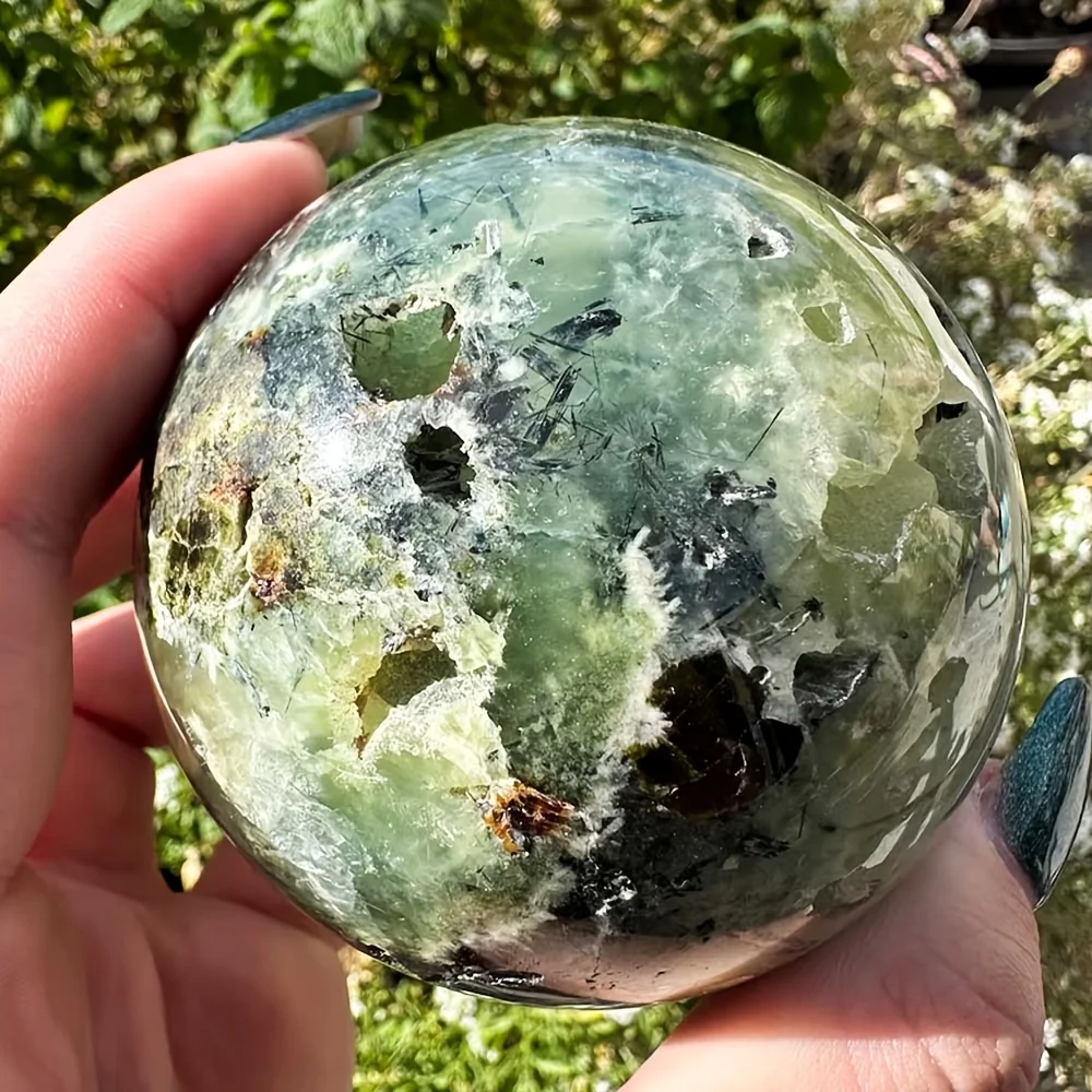 

1Pc Unique Druzy Prehnite Spheres Featuring Black And Epidote Inclusions, Ideal for Home Decor Art, And a Distinctive Gift