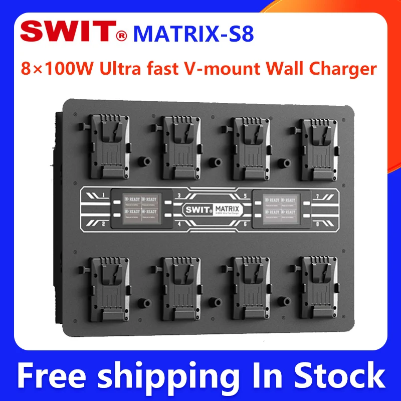 

SWIT MATRIX-S8 MATRIX-B8 8×100W Ultra Fast V-mount B-mount 8-CH Simultaneous Wall Charger Charge Both 14.4V and 28.8V Batteries